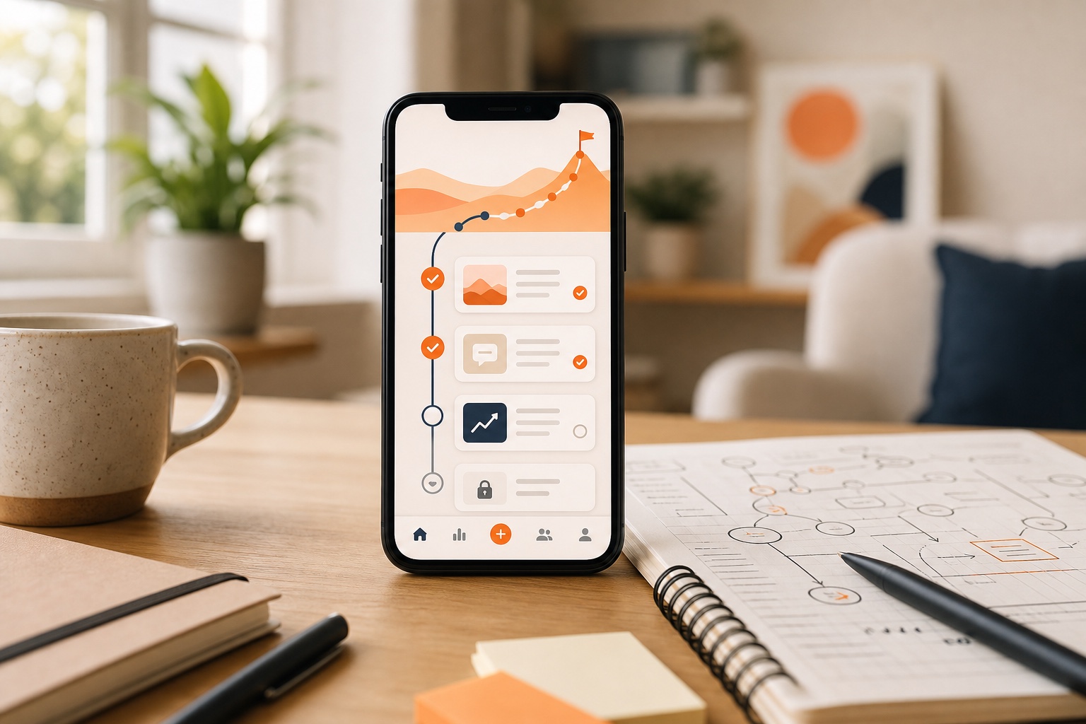Branded coaching app showing a structured client journey and progress milestones