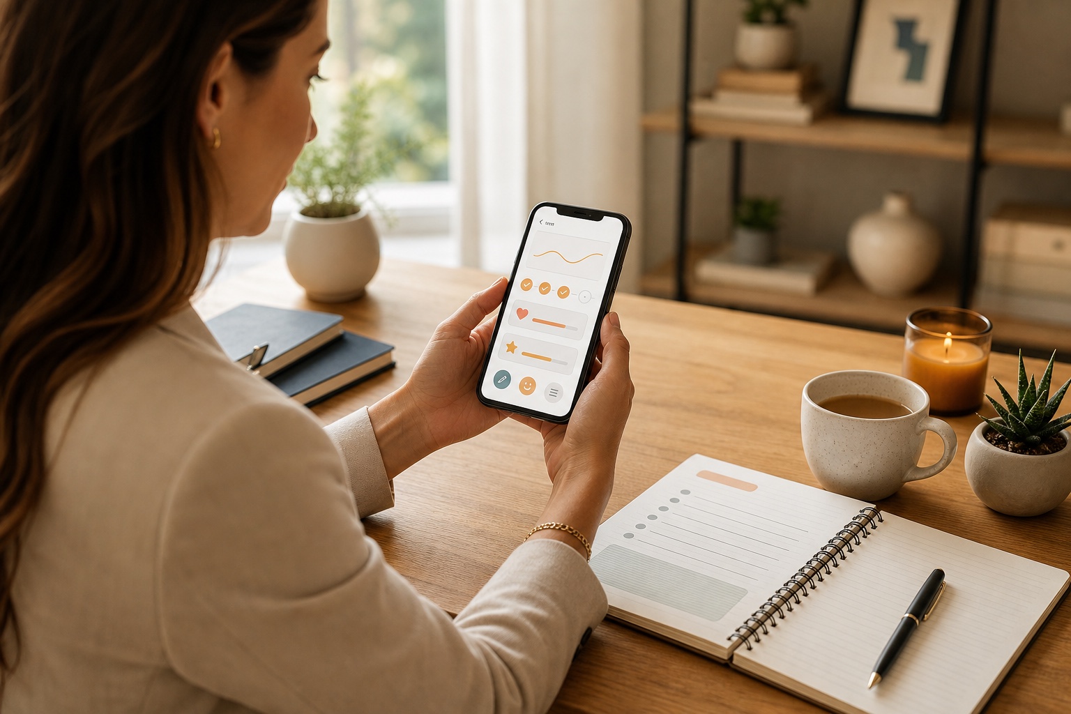 Relationship coach reviewing reflection and habit progress in a branded coaching app